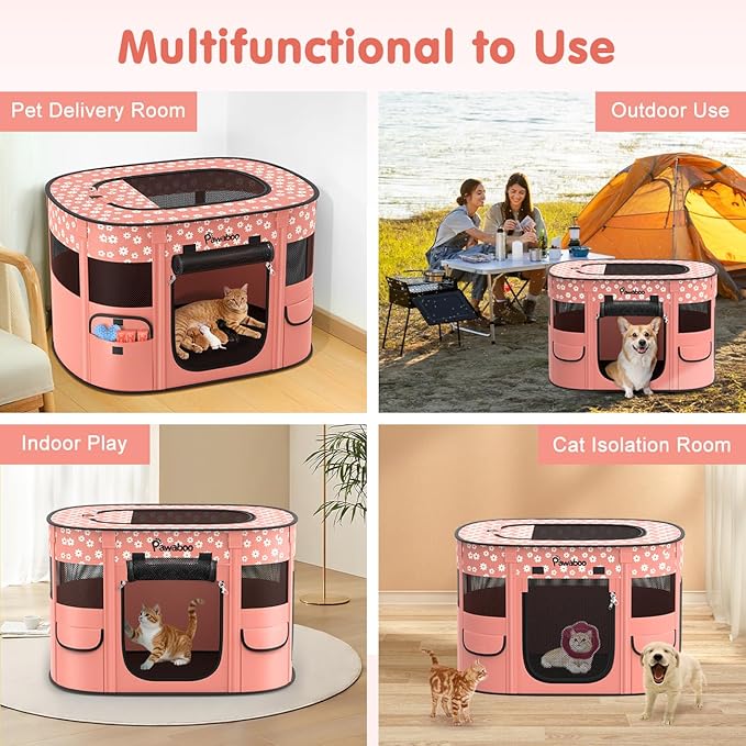 Dog Playpen, Portable Pet Cat PlayPen, 600D Oxford Dog Kennel Tent Crate, Breathable&Waterproof, Outdoor Indoor Travel Camping for Medium/Large Breed with Carrying Case+Bowl, L, Light Pink Flowers
