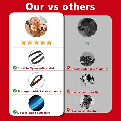 Dog Leash 5ft Long, Double Handle Dog Leash for Safety Control Training, Heavy Duty Dog Leads with Traffic Padded Handles, Reflective Leashes for Small Medium Large Dogs(5ft, Black Red)