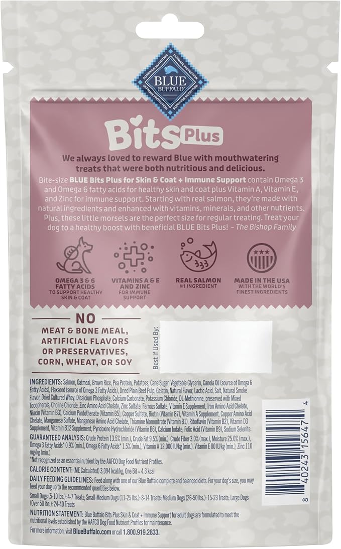 Blue Buffalo Blue Bits Plus Skin & Coat and Immune Support Daily Benefit Dog Treats, Soft & Chewy Salmon Morsels, 3.5-oz. Bag