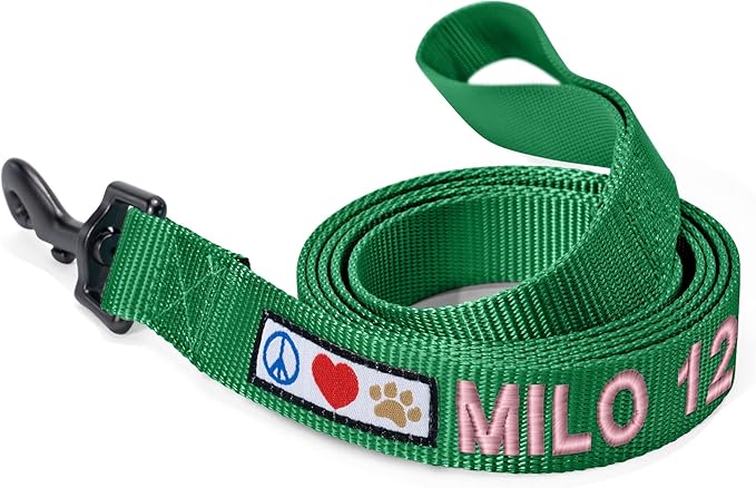Pawtitas Personalized 6 ft Lush Green Dog Leash M/L Custom Name and Phone Embroidery Strong Nylon Leash for Medium and Large Breeds