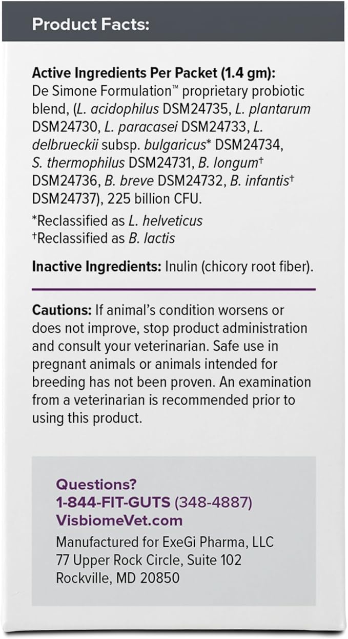 Visbiome® Vet Advanced GI Care High Potency Probiotic for Dogs & Cats – 225B CFU, 8-Strain Formula – Refrigerated, Veterinarian Recommended, Clean Label Certified – 90 Packets