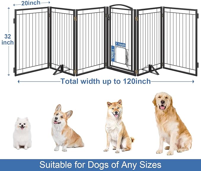 Metal Free Standing Dog Gate with Cat Door for Indoor/Outdoor,120" Extra Wide Foldable Pet Gate,32" Tall Foldable Indoor Dog Fence for Large Openings Stairs,Deck,Yard,Doorways(6 Panels,Black)
