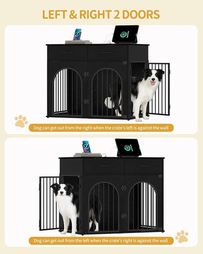 Hzuaneri 39.4'' Large Dog Crate Furniture with 2 Storage Drawers, Heavy Duty Dog Kennel Indoor with Charging Station, Wooden Dog Cage End Table Kennel for Medium/Large Dogs, Black DFC84204B