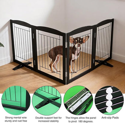 ZJSF Freestanding Dog Fence Indoor, Foldable Dog Gate for Doorways, Stairs or Hallways, Sturdy Wood Extra Wide Pet Gate with Support Feet for The House, Black, 32 "Height-4 Panels