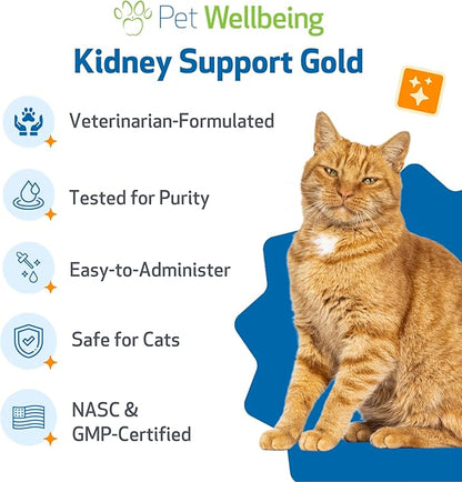 Pet Wellbeing Kidney Support Gold for Cats - Supports Normal Kidney Function & Detox, Healthy Hydration & Energy with Rehmannia & Dong Quai - NASC Certified & Vet-Formulated - 4 oz Liquid Formula
