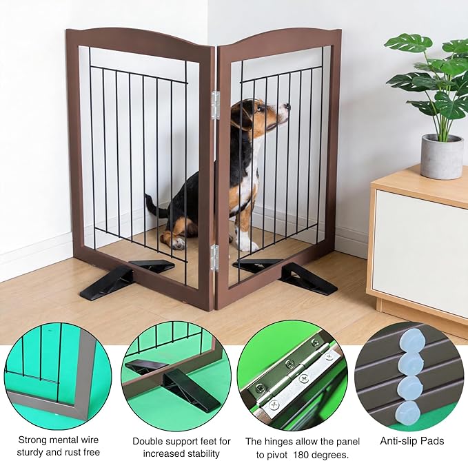 ZJSF Freestanding Dog Fence Indoor, Foldable Dog Gate for Doorways, Stairs or Hallways, Sturdy Wood Extra Wide Pet Gate with Support Feet for The House, Brown, 32 "Height-2 Panels