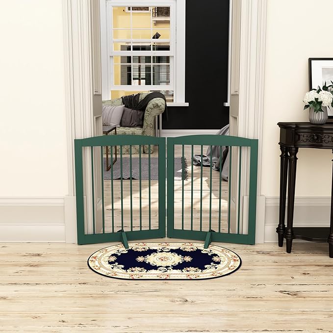 PUPETPO Freestanding Pet Gate for Dogs, Foldable Wooden Dog Gate for House, Stairs, Doorways, Step Over Pet Puppy Safety Fence,Support Feet Included,24" Height 2 Panels, Green
