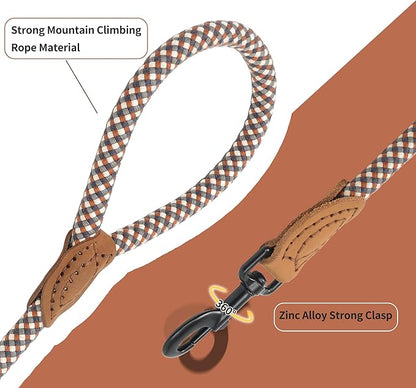 Mile High Life Rope Leash with Genuine Leather Connection, 6 FT/5 FT/4 FT, Heavy Duty Leash for Medium & Large Dogs (Brown, 60 Inch)