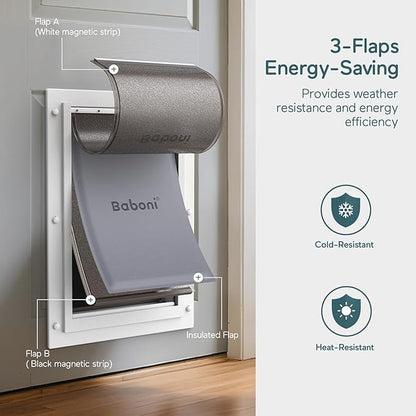 Baboni 3-Flaps Pet Door for Interior and Exterior Doors, Durable Plastic Frame and Telescoping Tunnel, Aluminum Lock/Metal Panel, Strong Magnetic Flaps, Never Rust Dog Door (Pets Up to 100 Lb) -Large