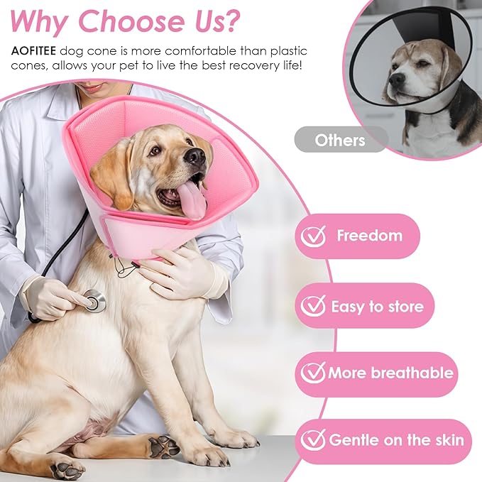 AOFITEE Dog Cone Collar, Adjustable Dog Cone for Dogs to Stop Licking, Breathable Elizabethan Collar for Small Medium Large Dogs Cats, Soft E-Collar Wound Healing After Surgery(Pink,Small)