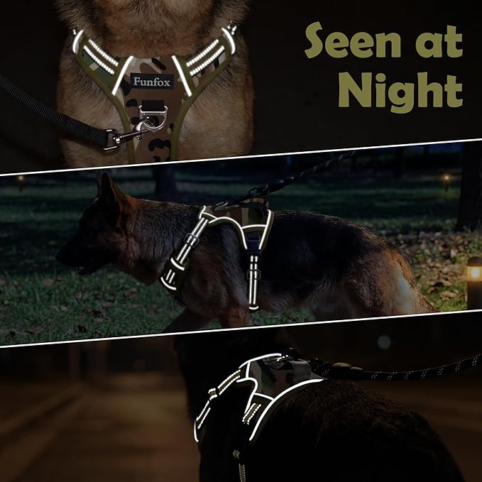 Funfox Dog Harness No Pull, Adjustable Pet Vest Harness, Super Soft Material with Vertical Handle Easy Control, Reflective Night Walking, 2 Leash Clips for Small Sized Dogs, Camo Green, S