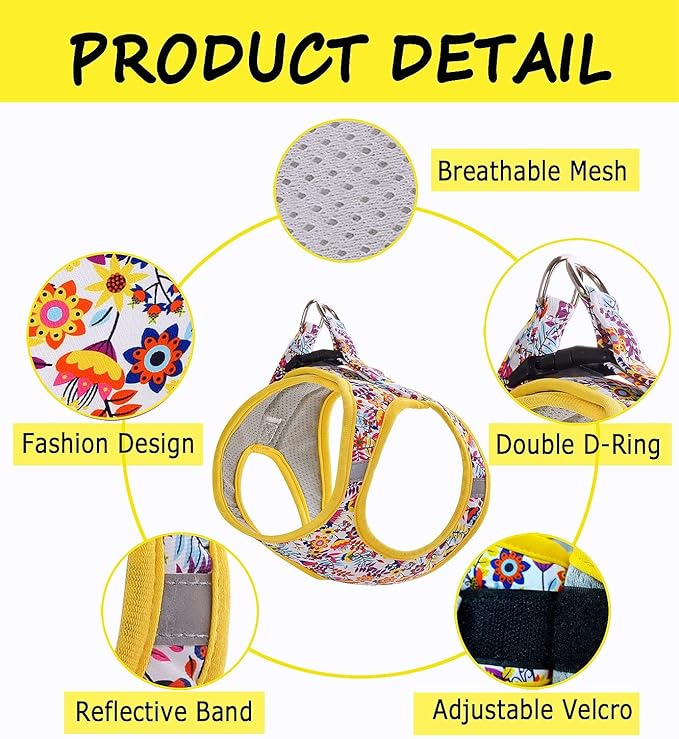 Moonpet Step in Dog Harness Leash Set- All Weather Reflective No-Pull Floral Pattern Padded Mesh Vest Harness for Cats Puppy Extra-Small Small Medium Large Dogs - White Flower - XXS