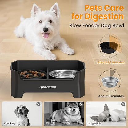 URPOWER 3-in-1 Elevated Dog Bowls - Mess Proof 4 Height Adjustable Raised Stand with 2 Stainless Steel Food Bowls for Small, Medium Dogs