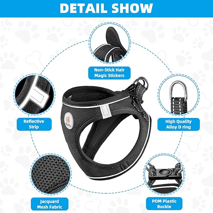 Hipubby Dog Harness and Leash Set, No Pull Soft Mesh Puppy Harness for Small Medium Dogs, Cats - Step in Reflective Breathable Lightweight Vest Harness for Walking, Training - Black, M