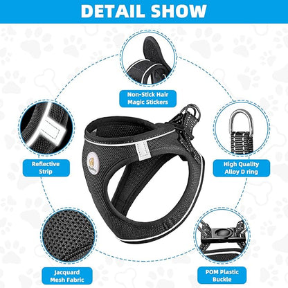 Hipubby Dog Harness and Leash Set, No Pull Soft Mesh Puppy Harness for Small Medium Dogs, Cats - Step in Adjustable Reflective Pet Harness with Buckle and Double D-Rings - Black, XS