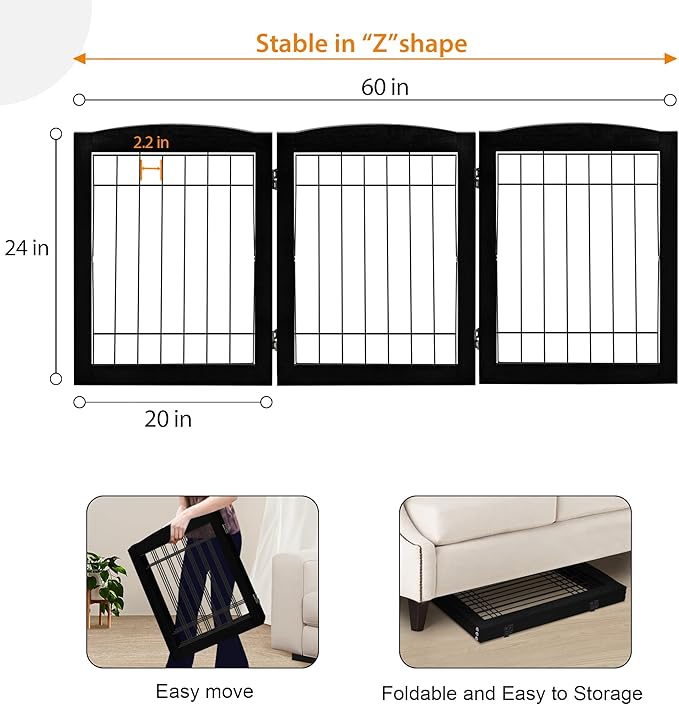LZRS 3-Panel Freestanding Foldable Wooden Dog Gate –Solid Wood & Steel Wire Chew-Resistant Indoor Safety Pet Fence for Doorways & Stairs, Ideal for Small to Medium Dogs & Puppies, Black
