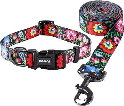 Ihoming Dog Collar and Leash Set for Daily Outdoor Walking Running Training, Black Colorful Flowers Design for Medium Boys Girls Dogs Cats Pets, M-Up to 45LBS
