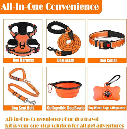 No Pull Dog Harness, Collar & Leash Set | Includes Dog Seat Belt, Collapsible Bowls & Poop Bag Dispenser. Ideal for Training, Walking, Hiking. Fits Small to Large Dogs(Orange-S)