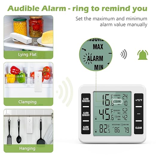 KeeKit Refrigerator Thermometer, Indoor Outdoor Thermometer with 2 Sensors, Wireless Digital Freezer Thermometer with Audible Alarm Temperature Gauge, Min/Max Record for Home, Kitchen – White