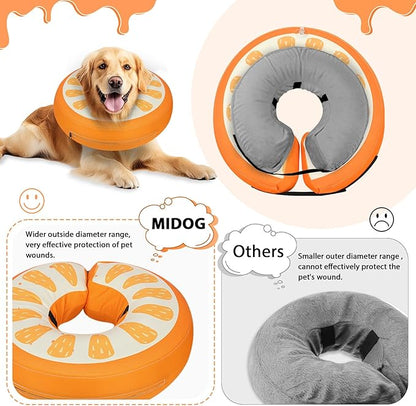 MIDOG Soft Inflatable Dog Cone, Donut E-Collar Alternative for After Surgery, Prevents Licking, Allowing Normal Eating & Vision, Comfortable Recovery Collar for Small Medium Large Dogs&Cats, Orange-M+