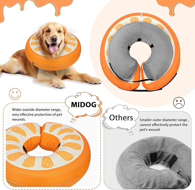 MIDOG Soft Inflatable Dog Cone, Donut E-Collar Alternative for After Surgery, Prevents Licking, Allowing Normal Eating & Vision, Comfortable Recovery Collar for Small Medium Large Dogs&Cats, Orange-L+
