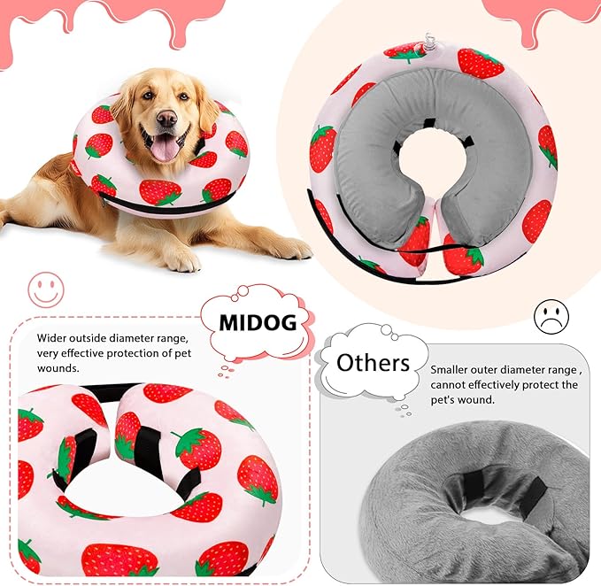 MIDOG Inflatable Dog Cone Alternative for After Surgery - Soft Protective Donut Collar Prevents Licking, Comfortable Recovery E-Collar Alternative for Small Medium Large Dogs (Strawberry,XL)