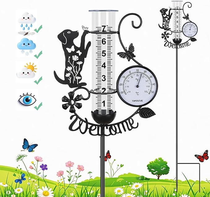 Rain Gauge Outdoor with Thermometer, 7" Capacity Detachable Rain Gauges Outdoors Best Rated with Stake, Cute Dog with Flowers & Butterflies Design Decorative for Garden Yard, Easy-Read Durable