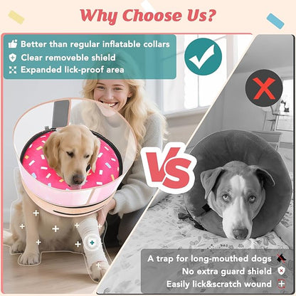 Inflatable Dog Cone with Anti-Licking Clear Shield, Protective Dog Donut Collar After Surgery, Adjustable Soft Recovery Cone for Pets, Alternative Collar with Buckle Strap (Pink, S)