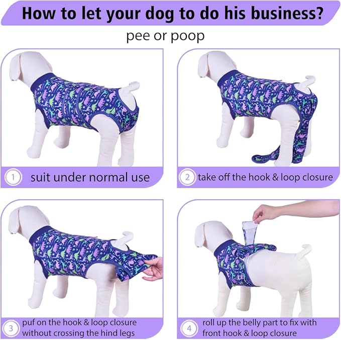 PetWarm Pet Recovery Suit for Dogs, Onesies for Dogs, Dog Cone Alternative After Surgery Substitute E-Collar and Cone Prevent Dog Onesies Pet Surgery Recovery Suit, Dinosaur Pattern, Blue Purple, S