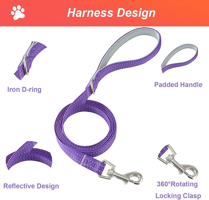 Hipubby Dog Harness Small Sized and Leash Set, No Pull Soft Mesh Puppy Vest, Reflective Breathable Lightweight Pet Harness, Harness for Small Medium Dogs and Cats - Purple/White Trim, L