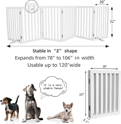 Dog Gate Indoor, Freestanding Dog Fence for The House, Doorways, Hallways,or Stairs,Pet Gate Foldable Wooden,Expandable 32" Height 6 Panels,White