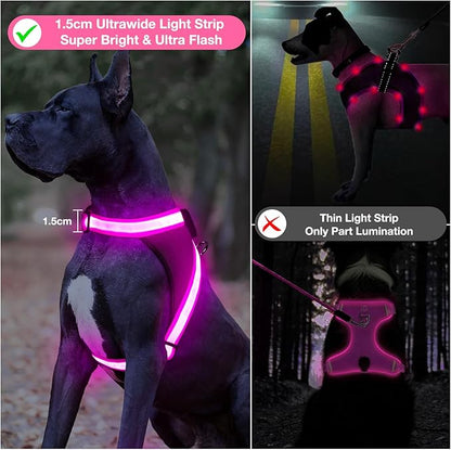 ChalkLit Light Up Dog Harness, No Pull Led Dog Harness Glow-in-The-Dark for Night Walking, USB Rechargeable Lighted Safety Vest for Medium Large Dogs, Adjustable Soft Mesh Fully Illuminated (Pink, M)
