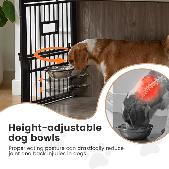 38 Inch Heavy Duty Dog Crate Furniture for Medium Dogs, Decorative Pet House End Table with 3 Doors & Adjustable Bowls, Wooden Cage Kennel Furniture Indoor, Rustic Grey