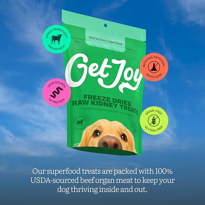 Get Joy Freeze Dried 100% Beef Kidney Dog Treats, 4oz | Single Ingredient Organ Meat, High Protein Raw Dog Food Topper, Snack & Training Rewards | Grain Free, Gluten Free, Filler Free