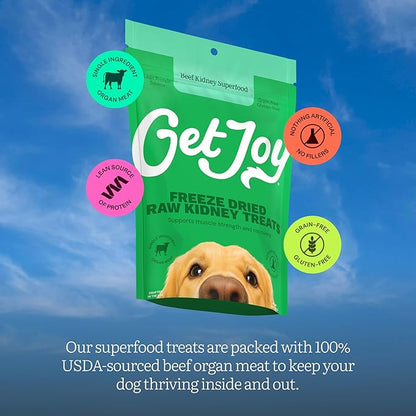 Get Joy Freeze Dried Dog Treat, 100% Beef Kidney, 4 Ounce Bag (Pack of 3), Single Ingredient Organ Meat, High Protein, Immune Health, Muscle Repair, Grain Free, Gluten Free, Made in USA
