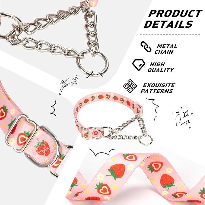 Pink Strawberry Martingale Dog Collar with Chain - No-Pull Training Collar Soft & Durable Design for Medium, Large & XL Dogs (L Strawberry)