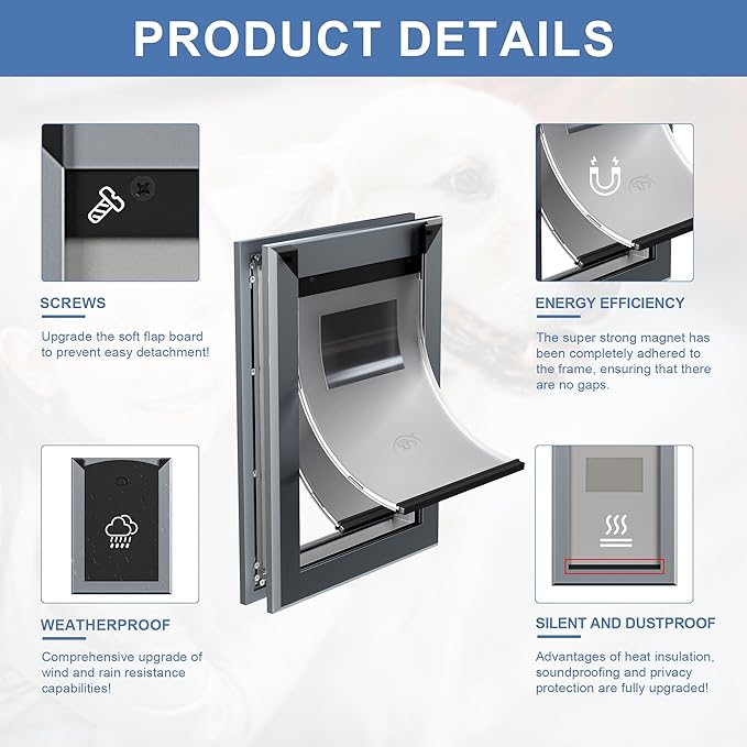 MAVRICFLEX Heavy Duty XL Dog Door with Double Sliding Lock Panels, Energy Efficient Aluminum Doggie Door, Magnetic Double Flaps Dog Door for Dogs Up to 220LBS, Extra-Large, Dark Gray