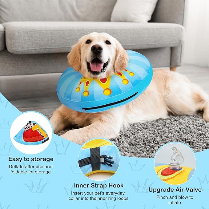 SCENEREAL Dog Cone Alternative After Surgery Donut Collar, Soft Pet Recovery Pillow Collar for Medium Large Dogs, Inflatable Adjustable Neck Collars to Prevent Licking, King Print E-Collars M