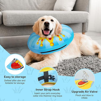 SCENEREAL Dog Cone Alternative After Surgery Donut Collar, Soft Pet Recovery Pillow Collar for Medium Large Dogs, Inflatable Adjustable Neck Collars to Prevent Licking, King Print E-Collars L