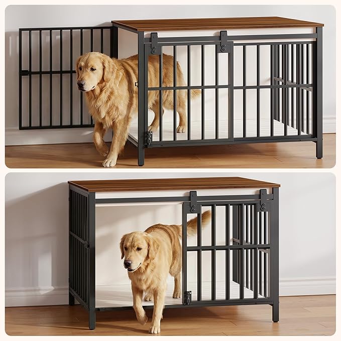 HOOBRO Dog Crate Furniture with Sliding Barn Door, Dog Kennel Indoor for Medium/Large Dogs, Heavy Duty Dog Cage with 2 Doors, End Table for Living Room, Bedroom, Rustic Brown and Black BWH163GW03