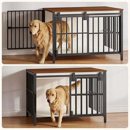 HOOBRO Dog Crate Furniture with Sliding Barn Door, Dog Kennel Indoor for Medium/Large Dogs, Heavy Duty Dog Cage with 2 Doors, End Table for Living Room, Bedroom, Rustic Brown and Black BWH163GW03