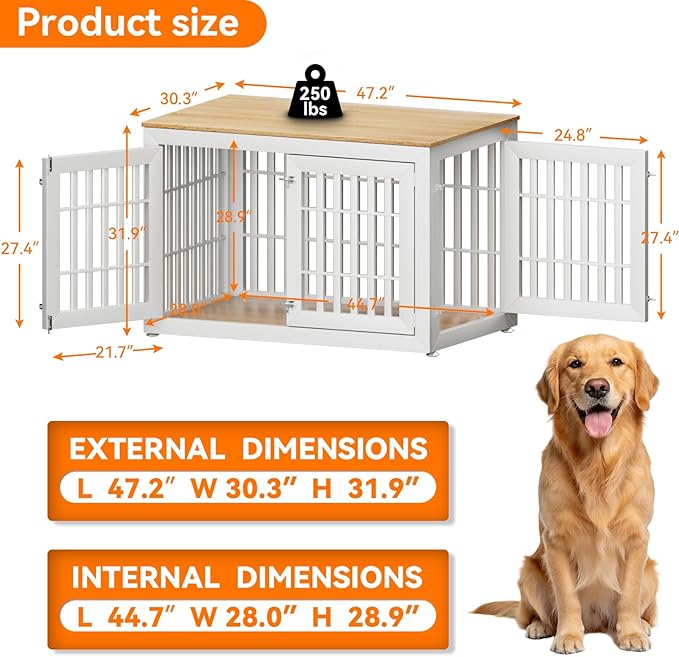 Snuowu 48" Heavy Duty Dog Crate Furniture for Small,Medium and Large Dogs,Rustic Wooden Dog Cage Kennel Indoor Furniture with Waterproof Top,Decorative Pet House Side End Table (White & Wood)