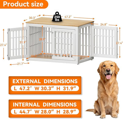 Snuowu 48" Heavy Duty Dog Crate Furniture for Small,Medium and Large Dogs,Rustic Wooden Dog Cage Kennel Indoor Furniture with Waterproof Top,Decorative Pet House Side End Table (White & Wood)