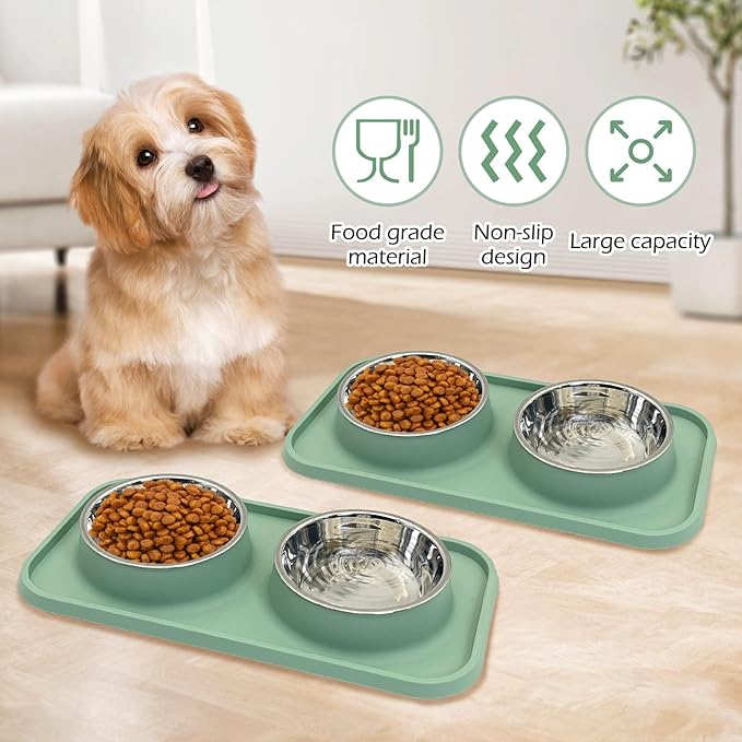 BNOSDM 2 Pcs Double Dog Food Bowls, Stainless Steel Small Dog Food and Water Bowls with Non-Spill Plastic Mat, Pet Cat Feeder Dish Set for Puppy Cats Kitten, Green