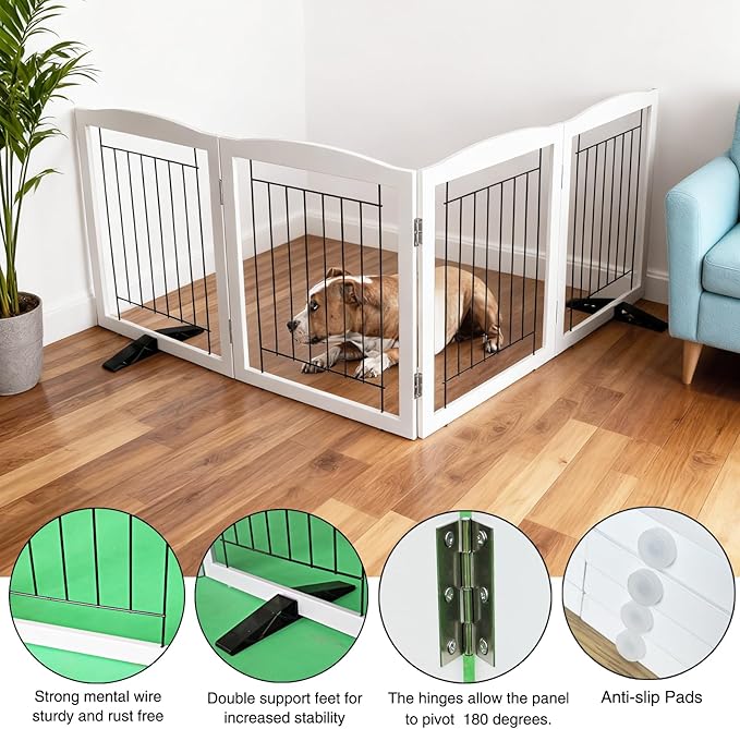 ZJSF Freestanding Dog Fence Indoor, Foldable Dog Gate for Doorways, Stairs or Hallways, Sturdy Wood Extra Wide Pet Gate with Support Feet for The House, White, 24 "Height-4 Panels