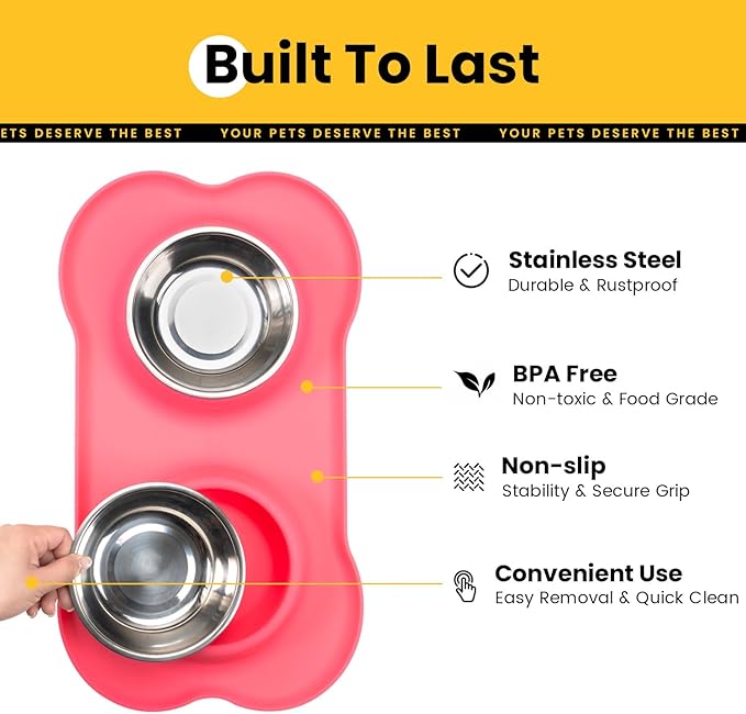 Conlun Medium Pet Feeding Station, 29oz Stainless Steel Dog Bowls Set, No Spill Food & Water Dishes with Non Slip Silicone Mat for Breeds Up to 55 Lbs, Pink