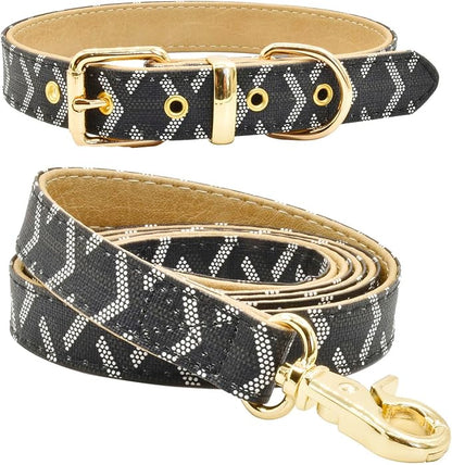 Leather Dog Collar and Leash Set, Check Pattern Dog Collar Leashes Metal Buckle Adjustable Durable for Small Medium Large Dogs (Black, XL(18-22IN))