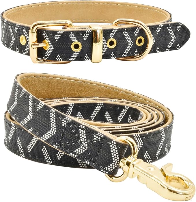 Leather Dog Collar and Leash Set, Check Pattern Dog Collar Leashes Metal Buckle Adjustable Durable for Small Medium Large Dogs (Black, S(11.4-13.4IN))