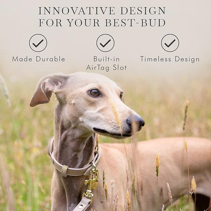 NINA WOOF Cupertino Dog Collars, Harnesses & Leashes Made from Vegan Leather with Dog Tracker Device Holder Adjustable Dog Collar (Small, Beige)