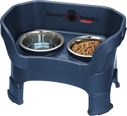 Neater Feeder Deluxe Mess-Proof Elevated Dog Bowls for Medium Dogs (19–40 lbs), 2 Height Adjustable (10” & 12.5”) No-Spill Raised Dog Bowl Stand, Stainless Steel Food Bowl Set, Made in USA, Dark Blue